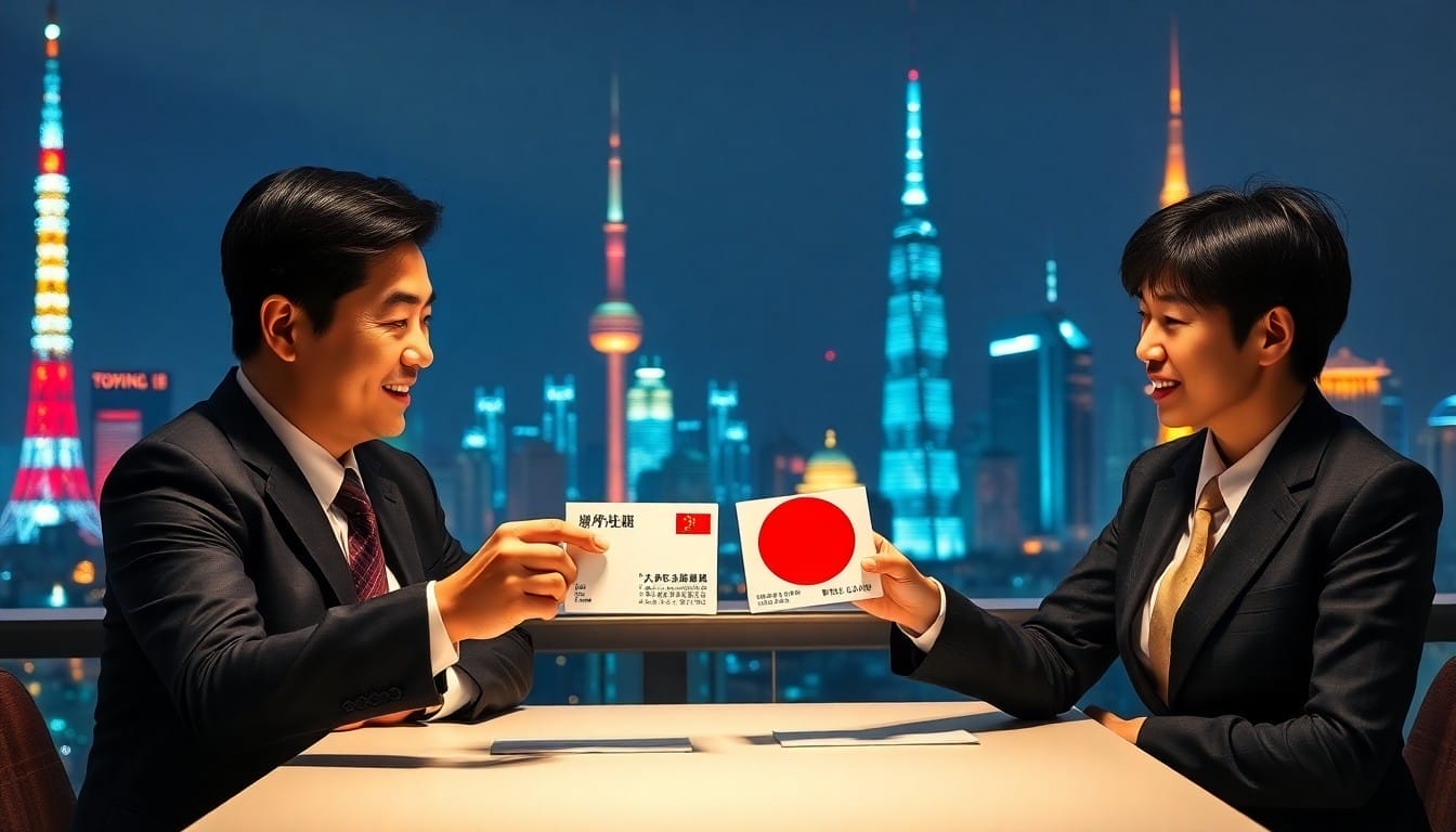 夜、ライトアップされた都市の高層ビルを背景にしたオフィスで、2人のビジネスマンが名刺を交換しています。.