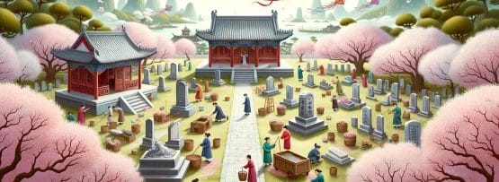 凧を揚げる人々がいる中国の墓地のイラスト。