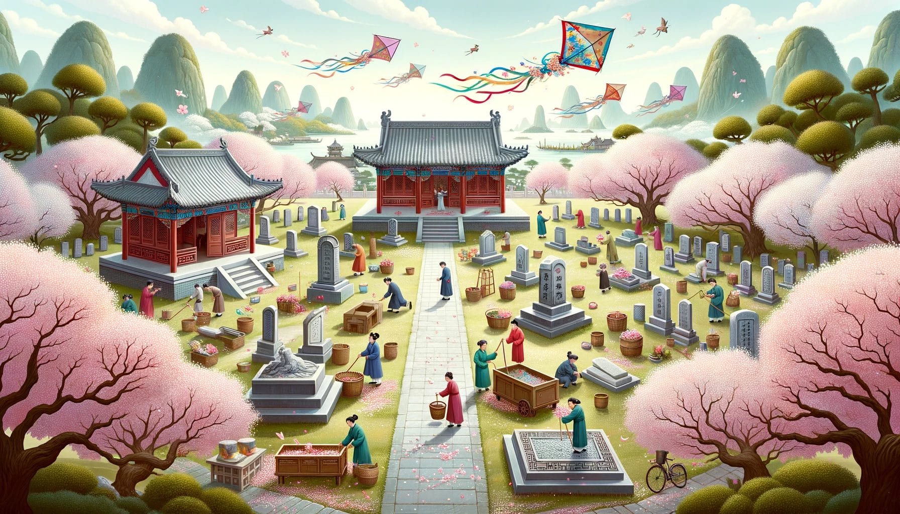 凧を揚げる人々がいる中国の墓地のイラスト。