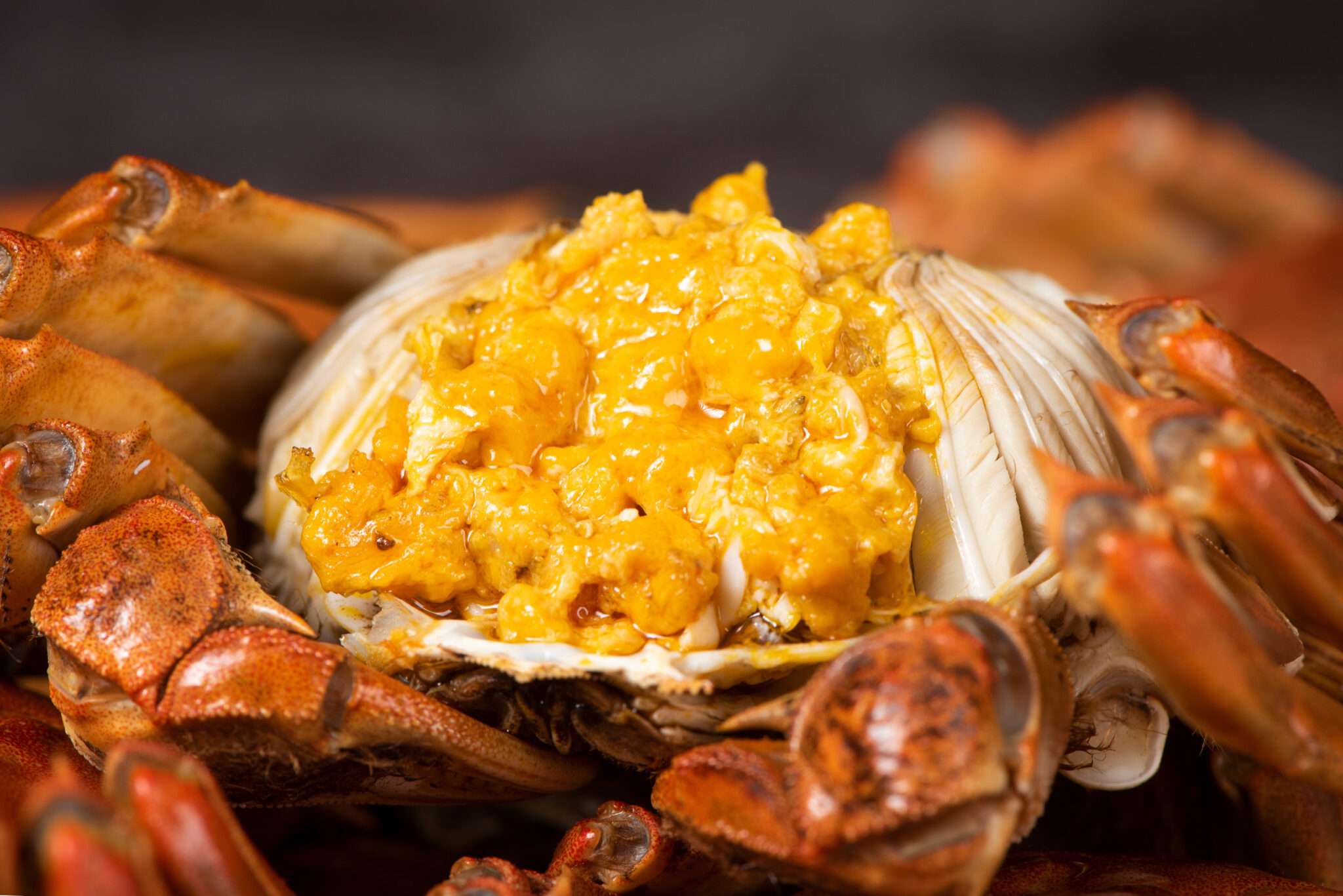 黄色いソースがかかったカニのクローズアップ。中国の味が表現されています。