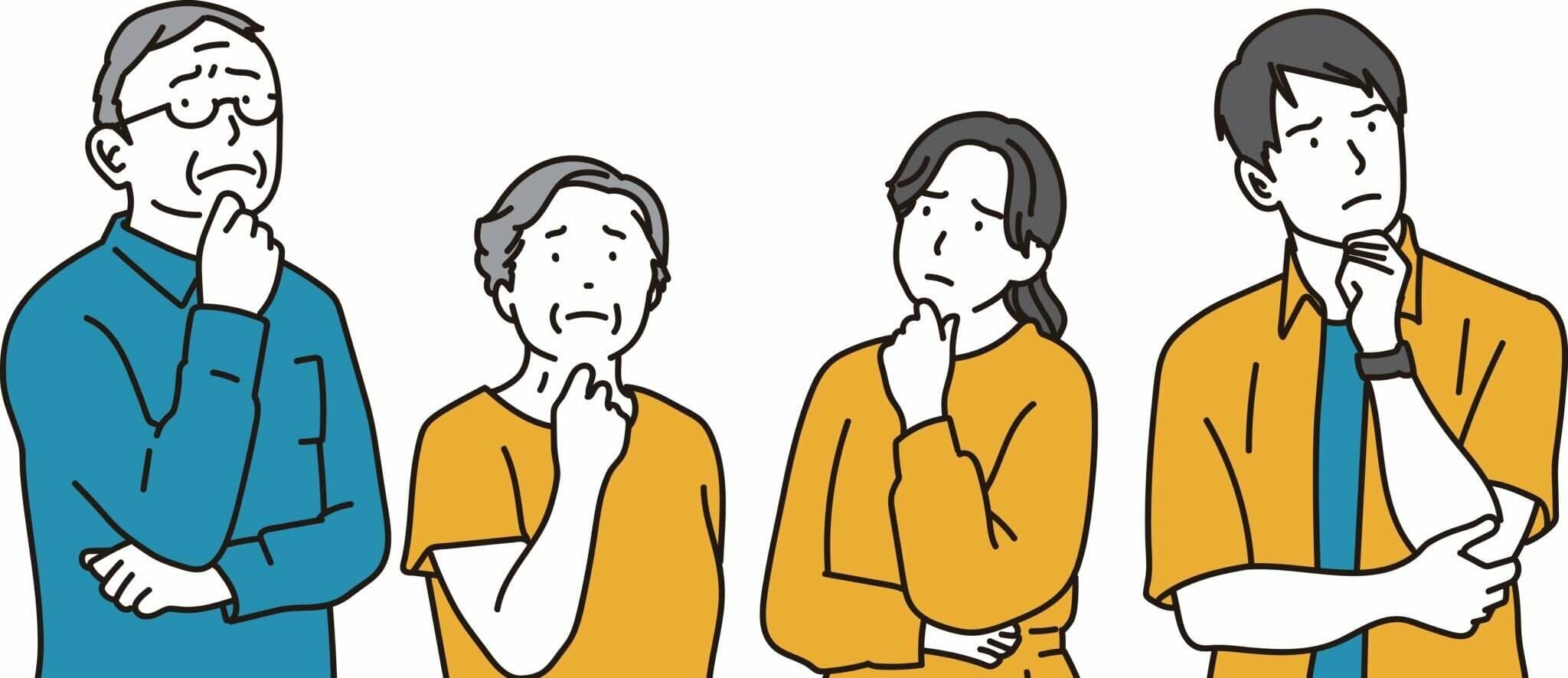 ポケットに手を突っ込んで列に並ぶ中国からの人々のグループ。