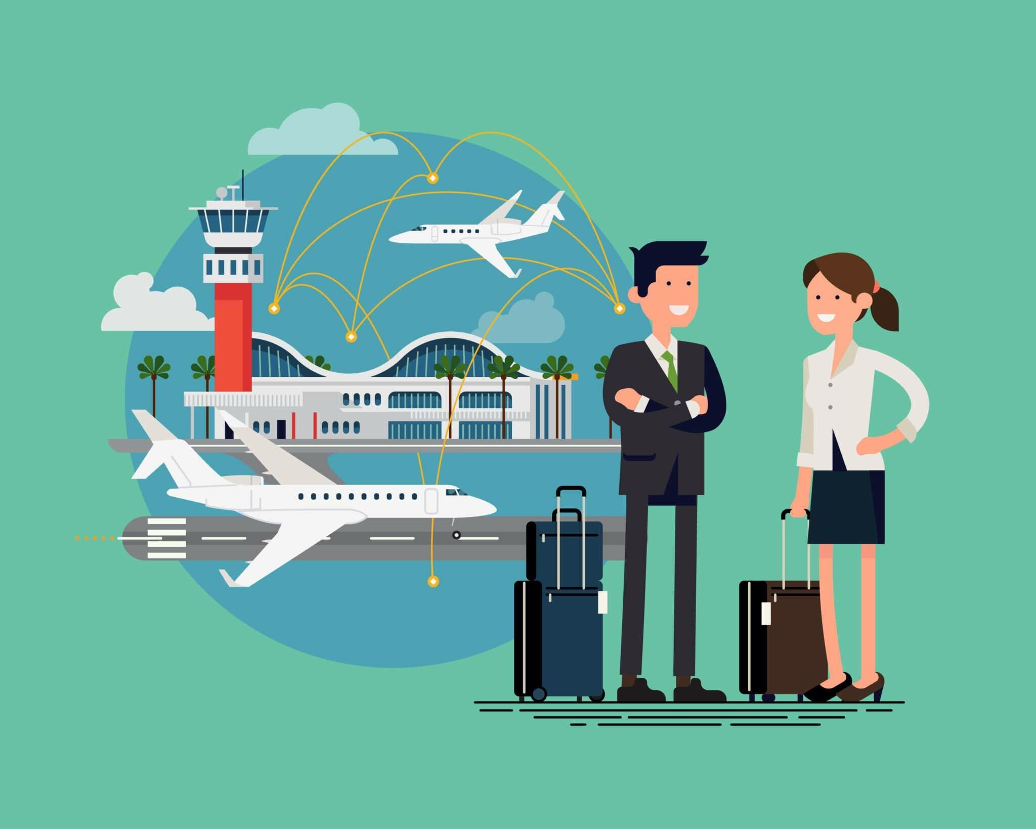 飛行機の隣に立つ男性と女性。