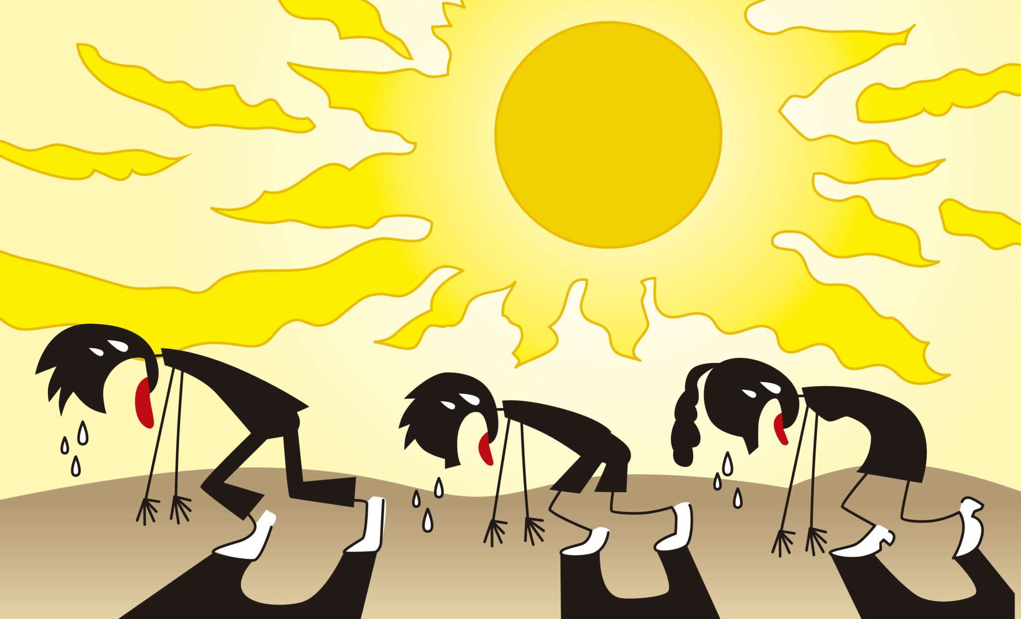 中国で太陽の前を歩く人々の漫画。