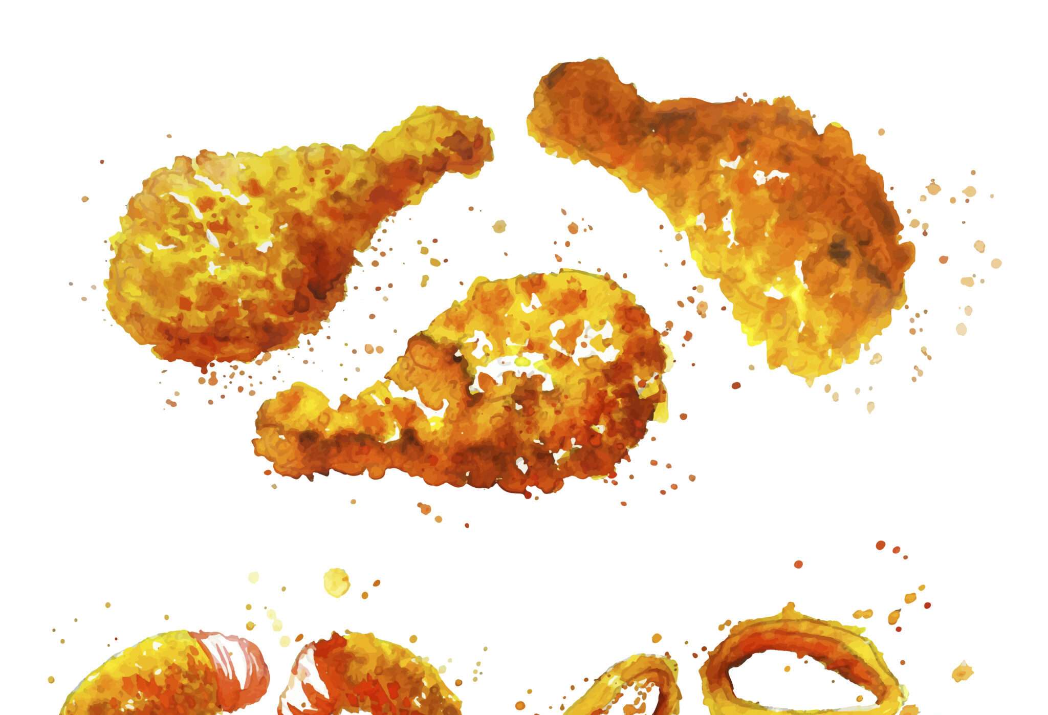 中国 (中国) の味にインスピレーションを得たフライド チキンの水彩画のセット。