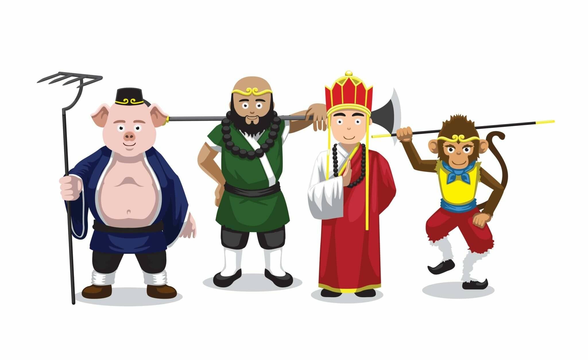 中国の衣装を着た4人の中国の漫画のキャラクター。