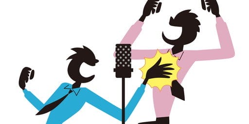 中国から来た 2 人のビジネスマンがマイクを持って話し合っています。 中国から来た 2 人のビジネスマンがマイクを持って話し合っています。