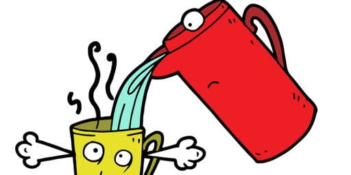 マグカップに水を注ぐ中国の漫画のキャラクター。