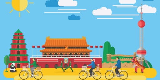 中国の上海市で自転車に乗っている人々の平らなイラスト。