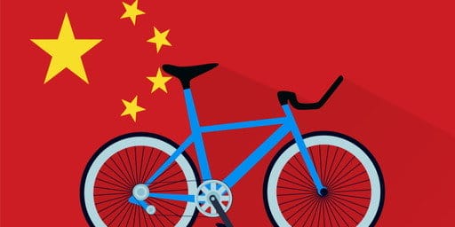中国の中国国旗が付いた自転車のイラスト。