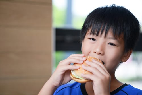 説明:中国の小男吃着堡。 説明:中国の小男吃着堡。