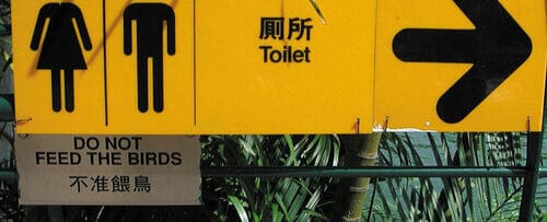 トイレを示す中国語の標識と鳥に餌を与える標識。