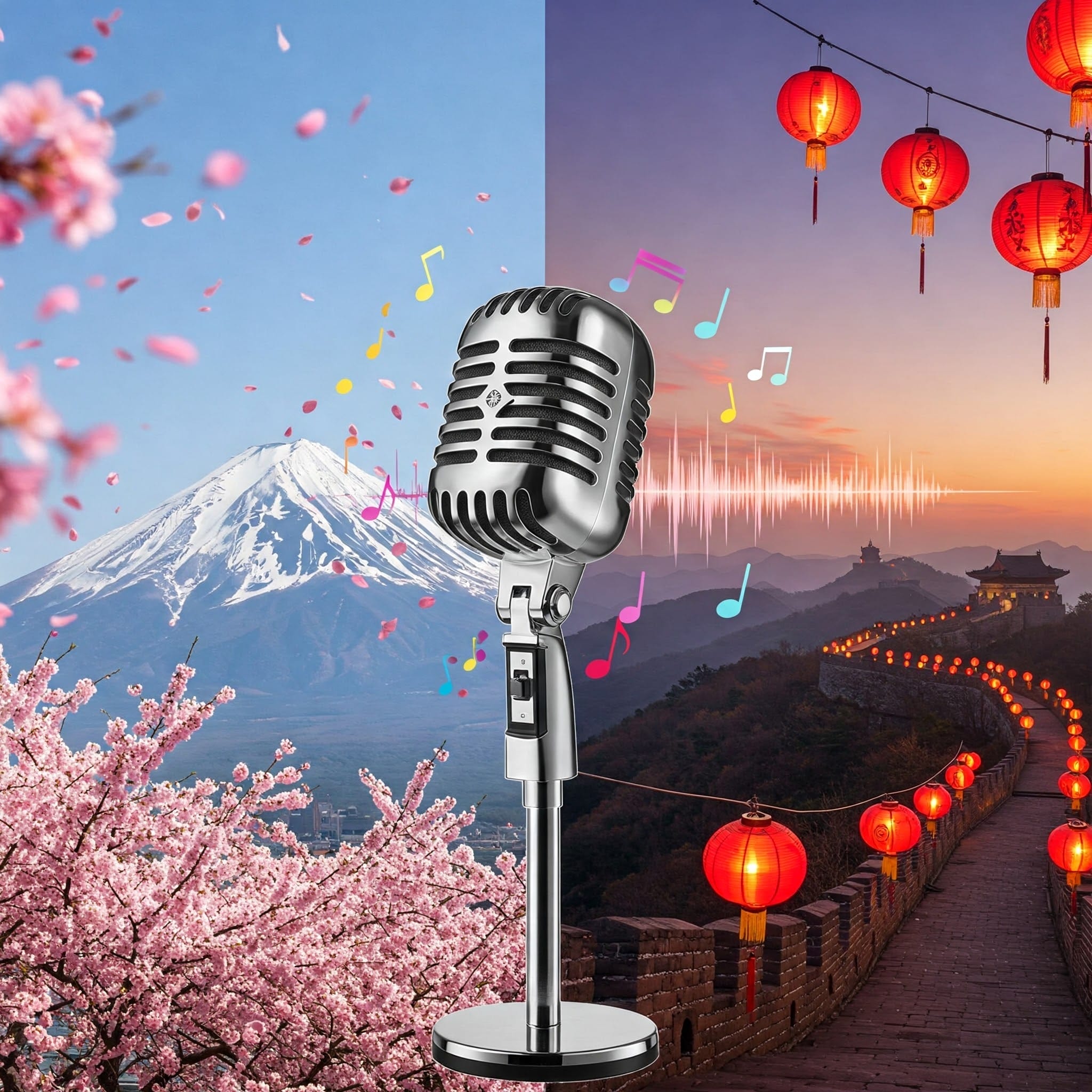 左側に桜と富士山、右側に万里の長城と提灯、そしてその周囲に色とりどりの音符が描かれた背景に、ビンテージのマイクが立っています。.
