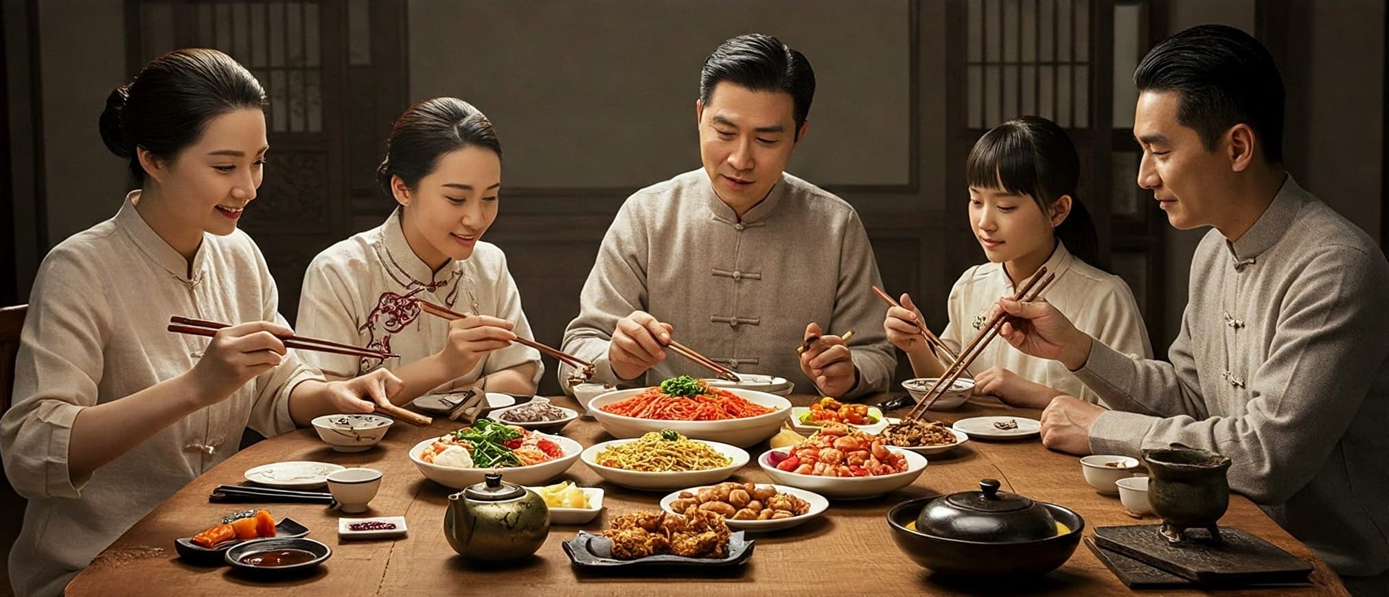 伝統的な衣装を着た5人が、暖かな光が差し込む部屋で食卓を囲んで座り、箸を使ってさまざまな中華料理を味わっています。.