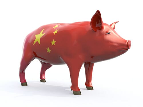 中国文化を表す中国国旗を掲げた紅豚。