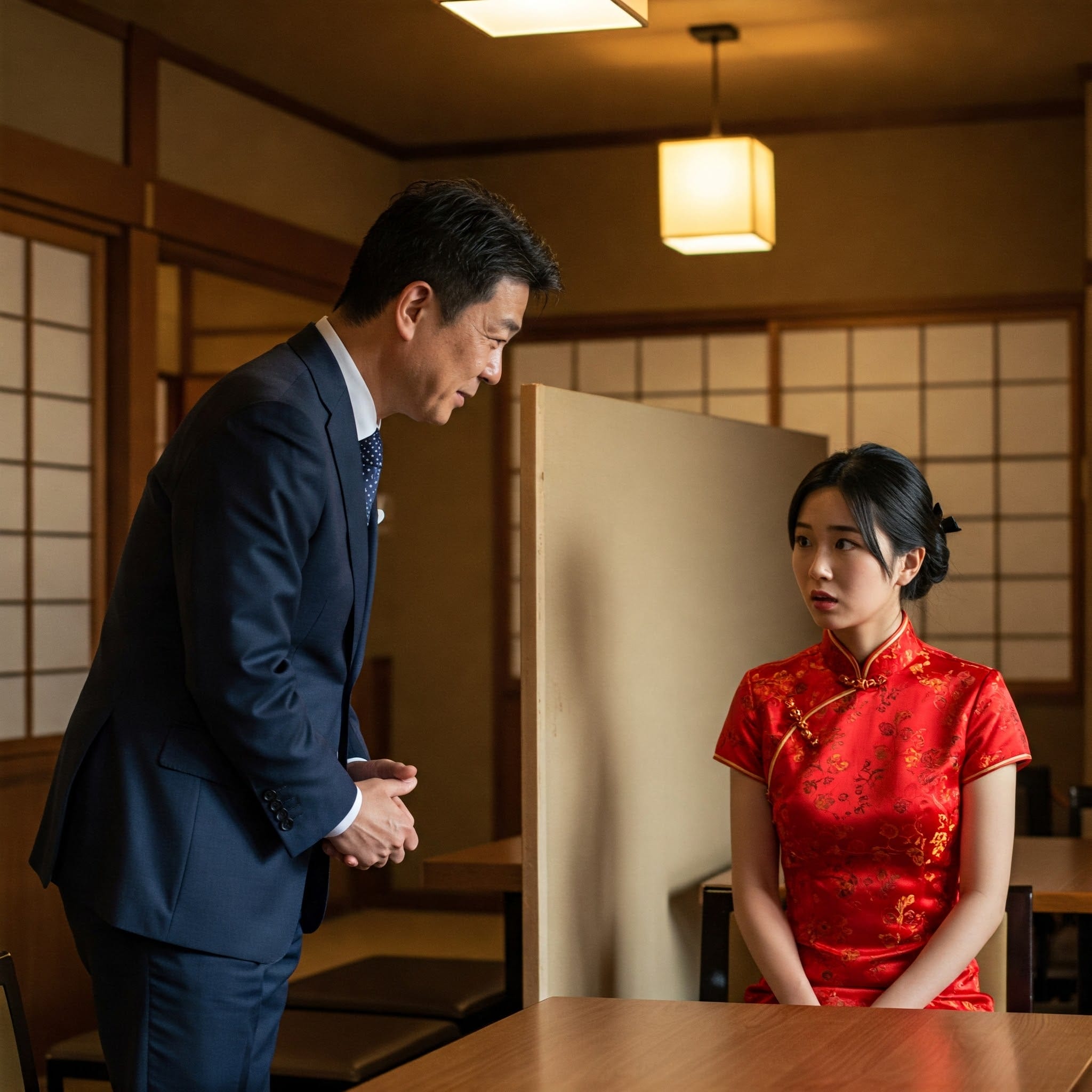 木製のアクセントと障子のある部屋で、スーツを着た男性が赤いドレスを着て座っている女性に軽くお辞儀をしながら話しかけている。.