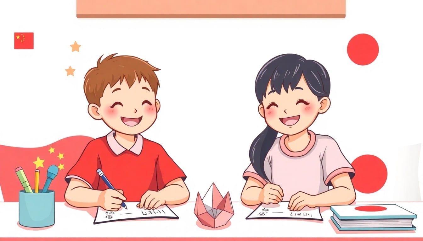 二人の子供がテーブルに座り、笑顔で書き物をしています。左側には中国の国旗と鉛筆、右側には日本の国旗が置かれています。二人の間には折り紙が挟まれています。.