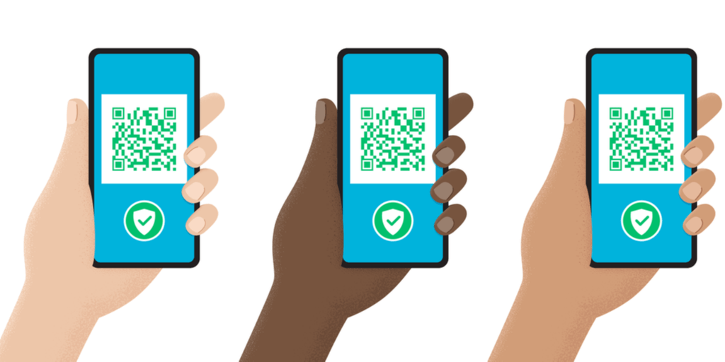 中国でQRコードが書かれたスマートフォンを持つ3人の手。