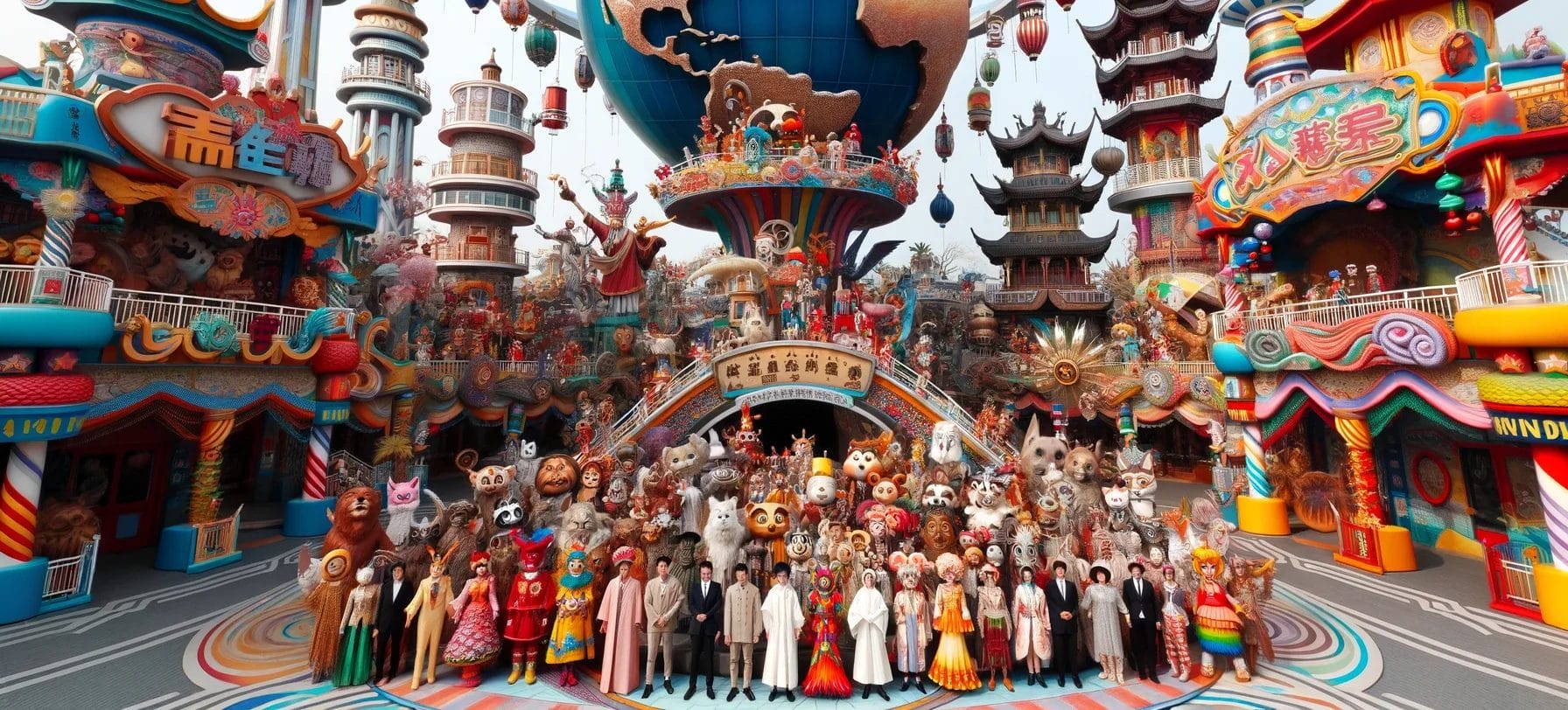 カラフルな建物の前に立つ人々のグループ。