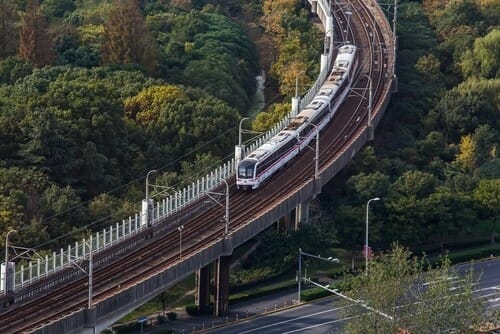 中国の森の中の橋を走る列車。