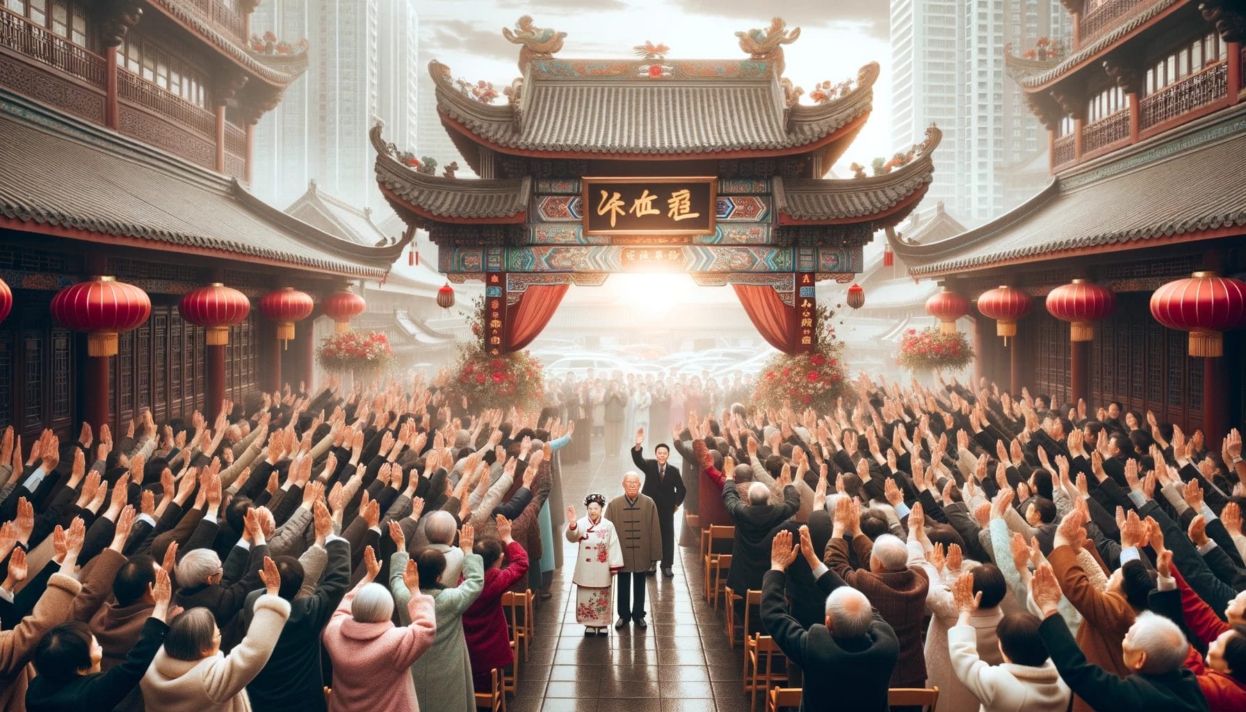 中国の寺院で手を上げている人々のグループ。