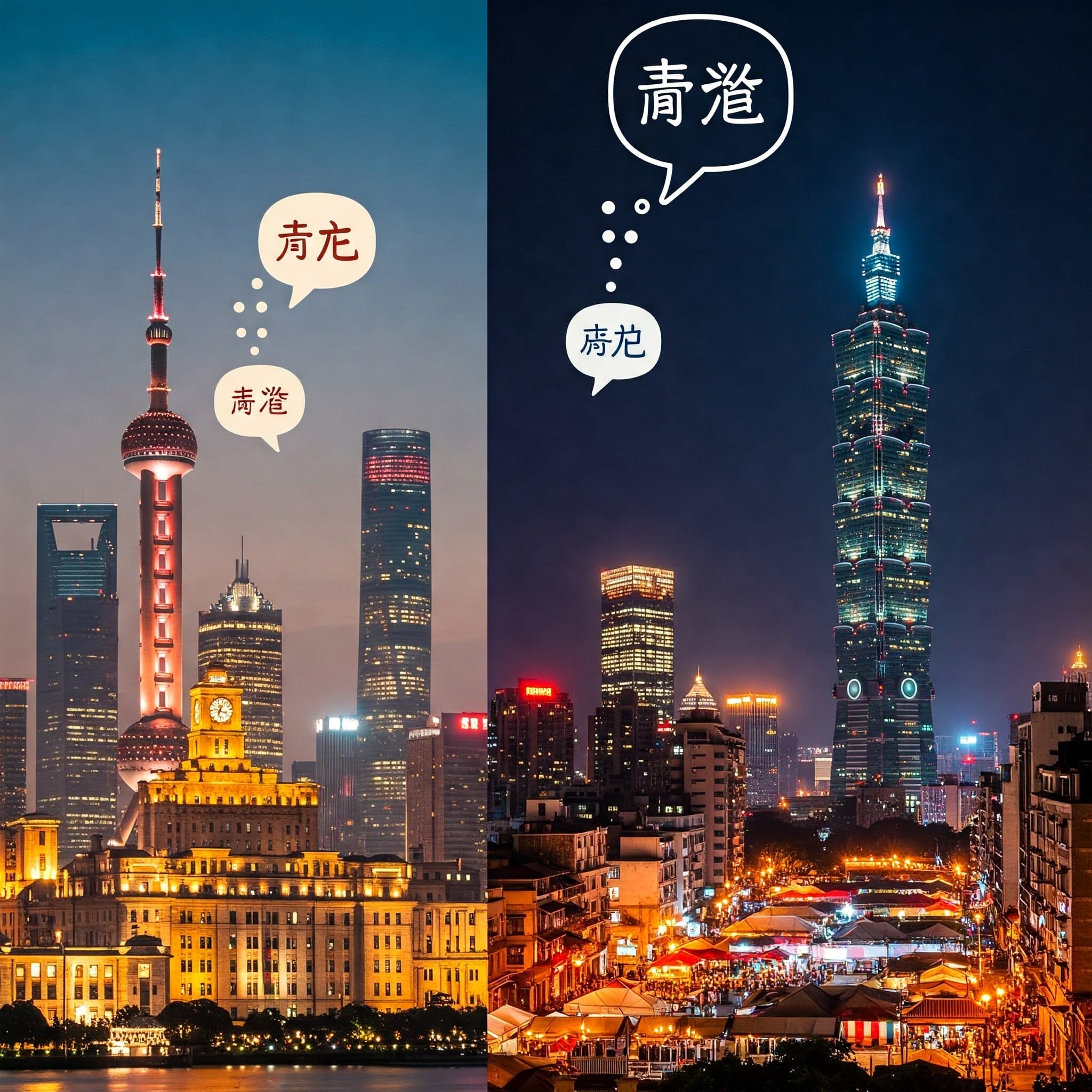 夕暮れを背景に、左側に東方明珠塔を配した上海のスカイラインと、右側に台北101を配した台北のスカイラインを分割した画像。吹き出しが表示されています。. 夕暮れを背景に、左側に東方明珠塔を配した上海のスカイラインと、右側に台北101を配した台北のスカイラインを分割した画像。吹き出しが表示されています。.