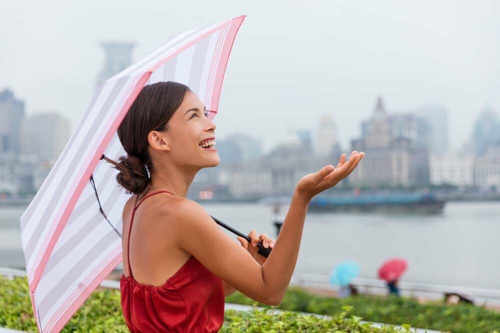 街の前で傘をさす女性の中国。