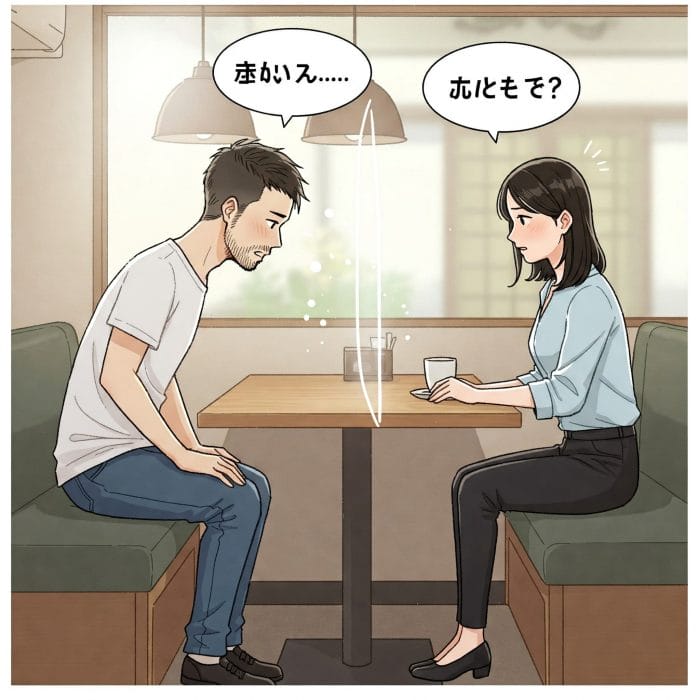 会話中にすれ違いを感じている日本人と中国人のイラスト