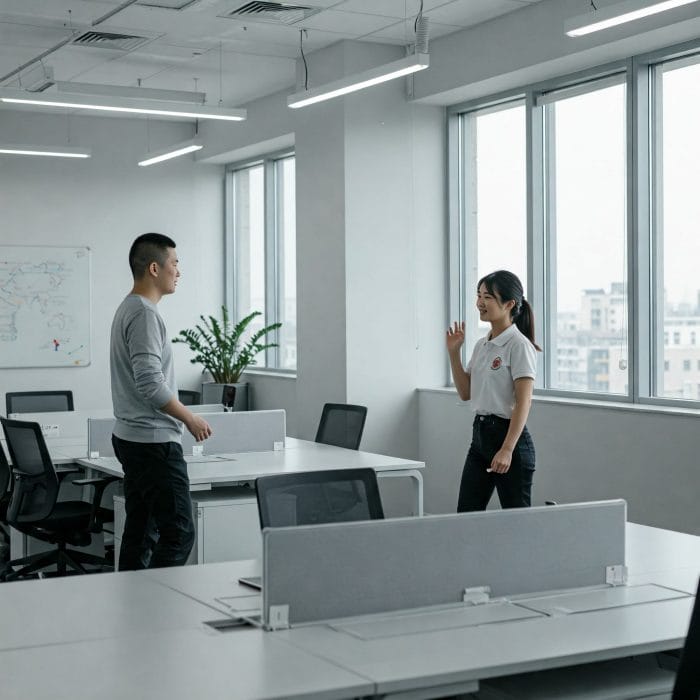 中国のオフィスで同僚同士が「早！」と軽く挨拶するシーン