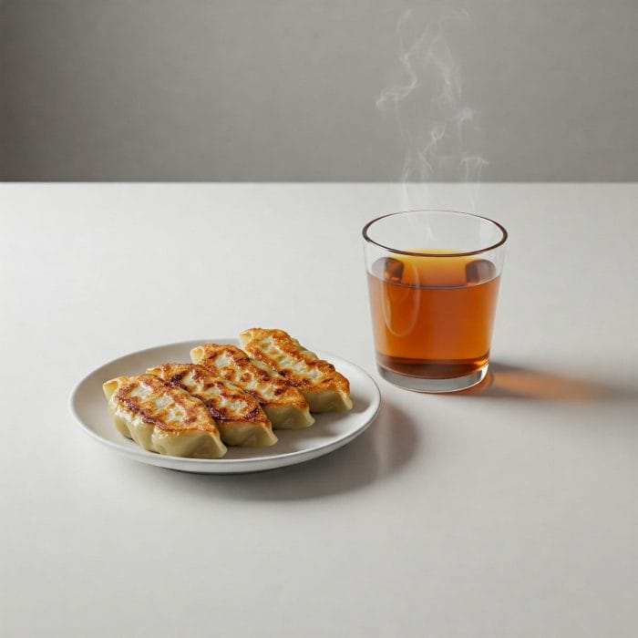 餃子とお茶が並んだテーブル