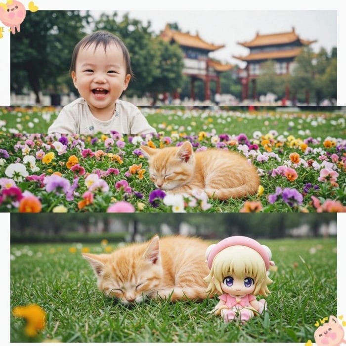 小さな子供や子犬、アニメキャラクターなどのコラージュ