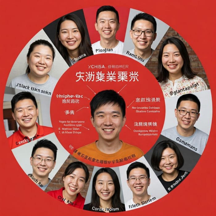 様々な年代・性別の中国人の笑顔のポートレートコラージュ