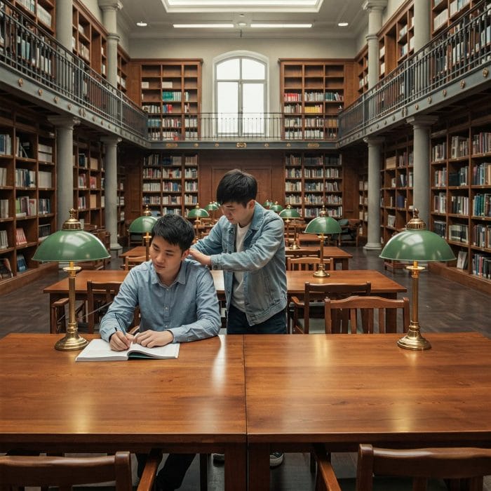 試験勉強中の学生を友人が励ますシーン