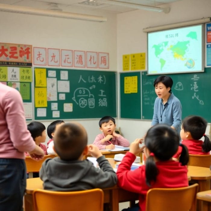 中国の小学校で外国人の先生から英語を学ぶ子供たち