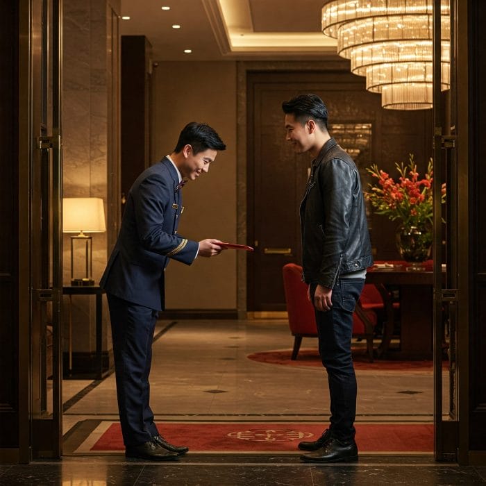 ホテルの受付やイベント司会者が挨拶するシーン