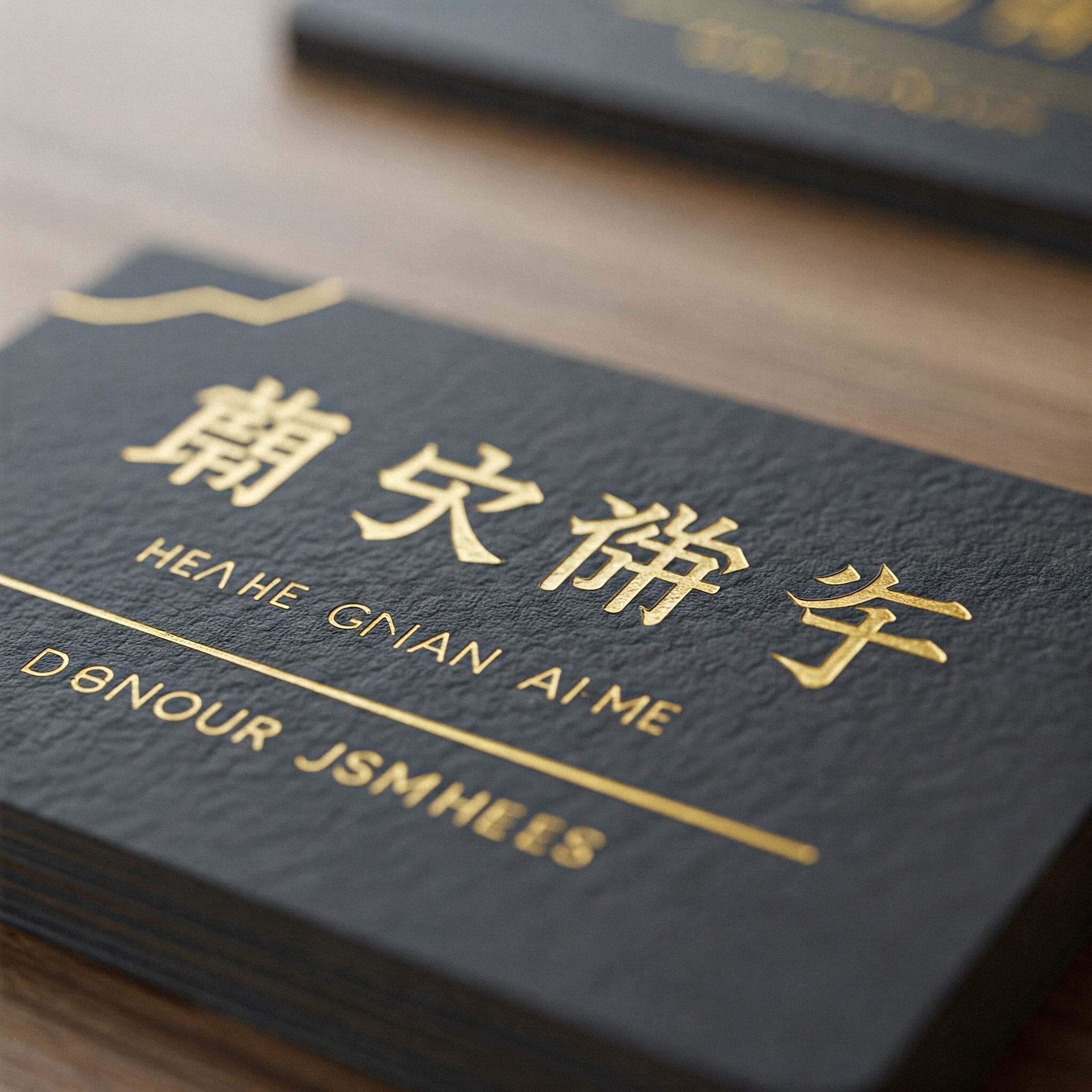 木の表面に金色でエンボス加工された中国語の文字と英語のテキストが印刷された濃い色の名刺の束。.