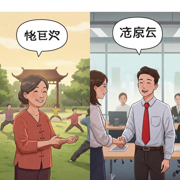 朝の公園と午後のオフィスの挨拶シーンイラスト