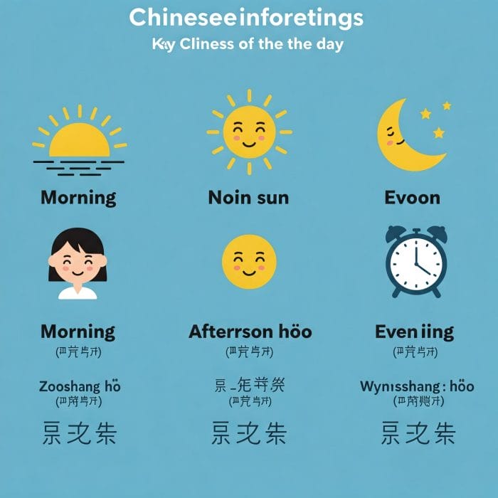 朝・昼・夜の時間帯と対応する中国語挨拶のイラスト