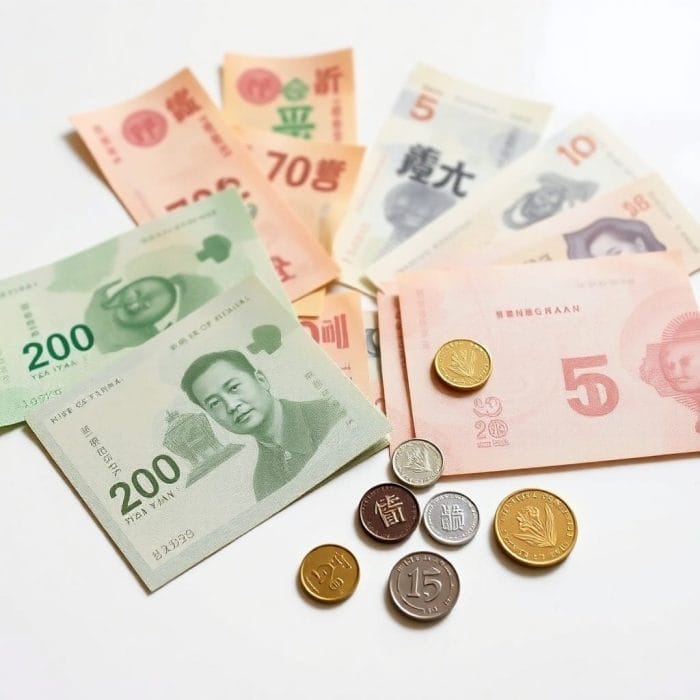 テーブルに並べられた中国人民元の紙幣と硬貨