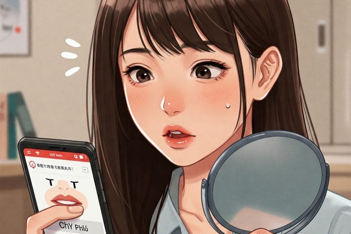 スマートフォンの画面に中国語の発音練習アプリ（ピンイン表示）が映っており、日本人学習者が画面を見ながら口を「chī」の形にして真剣に、しかし少し楽しそうに発音練習しているクローズアップ。