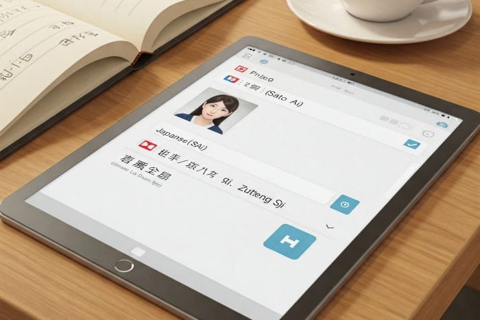 ノートパソコンの画面のクローズアップ。オンラインのピンイン変換サイトが開かれており、検索窓に日本人の漢字の名前が入力され、その下にピンイン候補が表示されている。