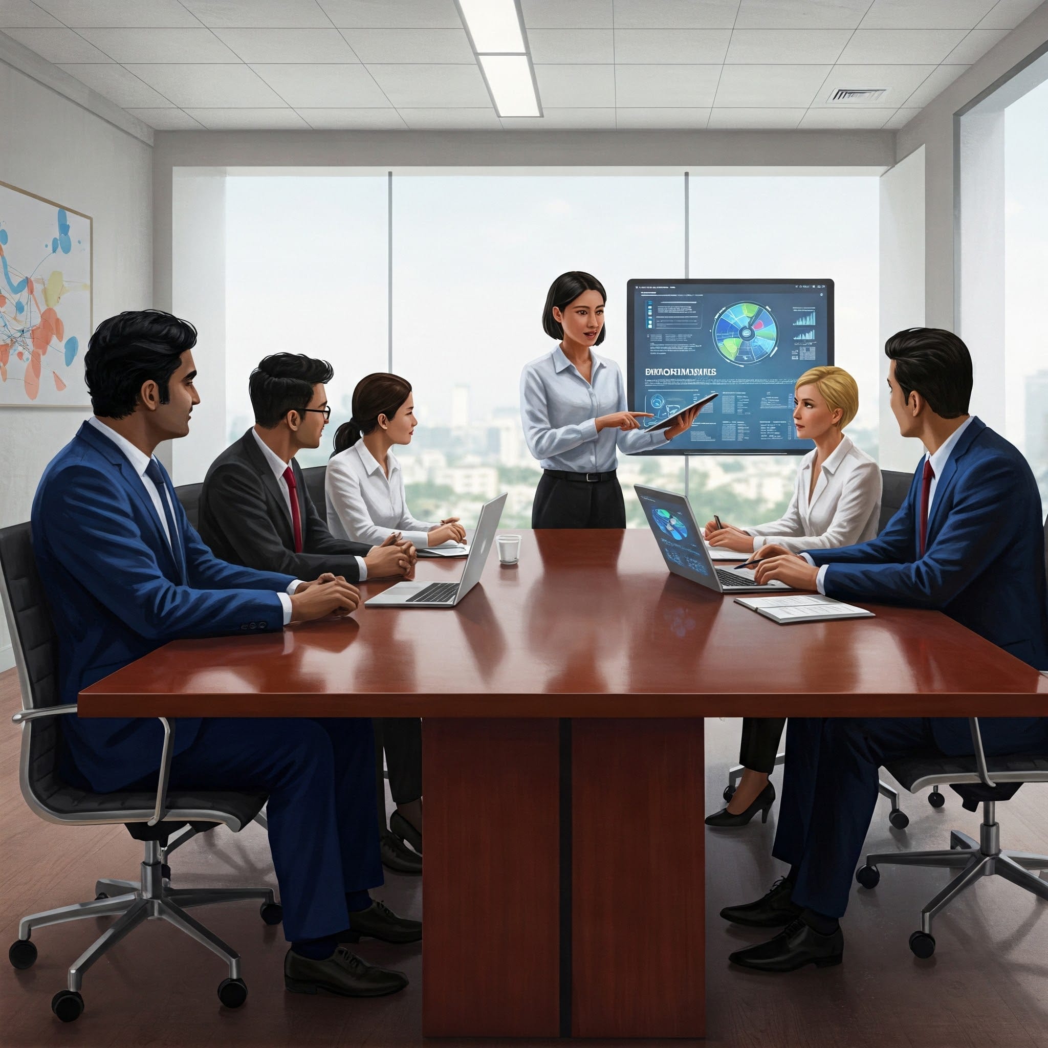 現代的なオフィスの会議室で、5 人のビジネス プロフェッショナルが会議テーブルの周りに座り、女性が立ち上がってスクリーンにデータを表示します。.