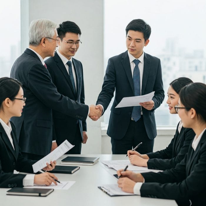 ビジネスシーンで名刺交換をする男女