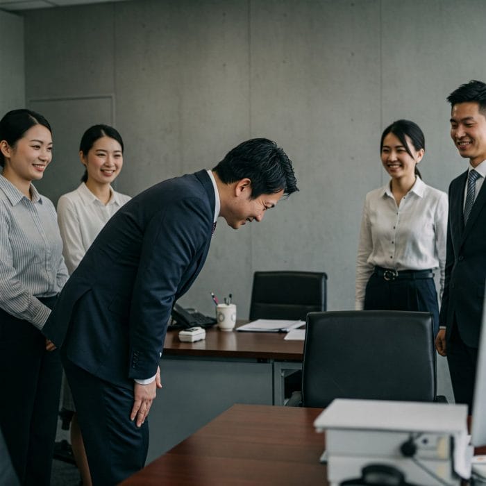 オフィスで同僚に手を振りながら「那我先走了」と言って帰る人