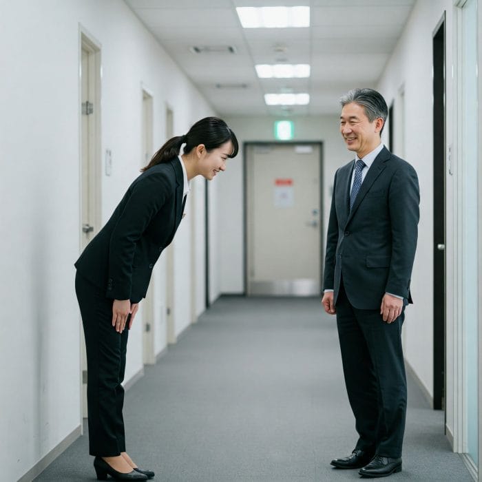 オフィスで上司に丁寧にお辞儀をして「您早」と挨拶する部下