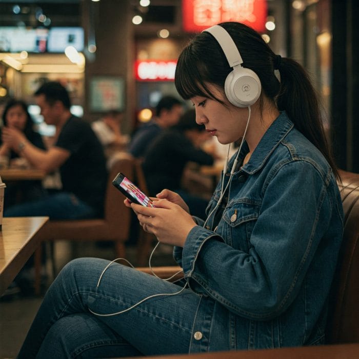 スマートフォンで音楽を聴くアジア人女性