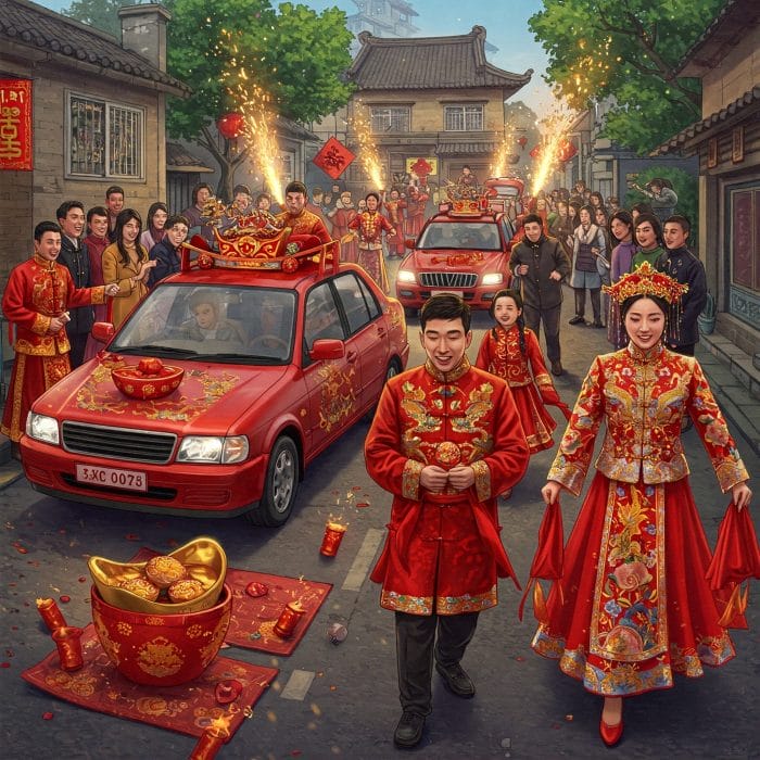新郎が赤い車列で新婦を迎えに行く「迎娶」のシーン