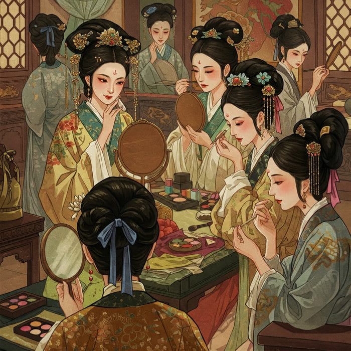 唐代の宮廷女官たちの華やかな花钿メイク