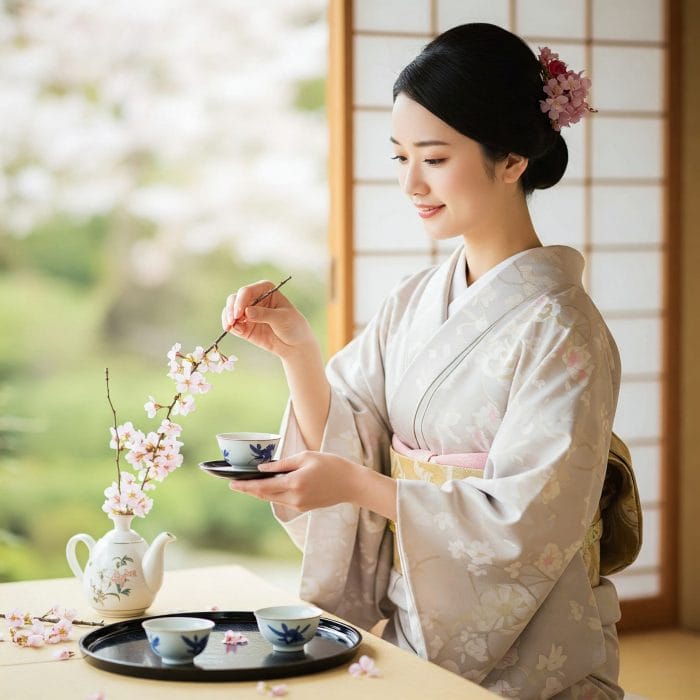 着物を着て優しく微笑む日本人女性のイメージ