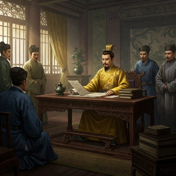 明王朝の皇帝・朱元璋が役人の不正を厳しく追及している様子のイラスト