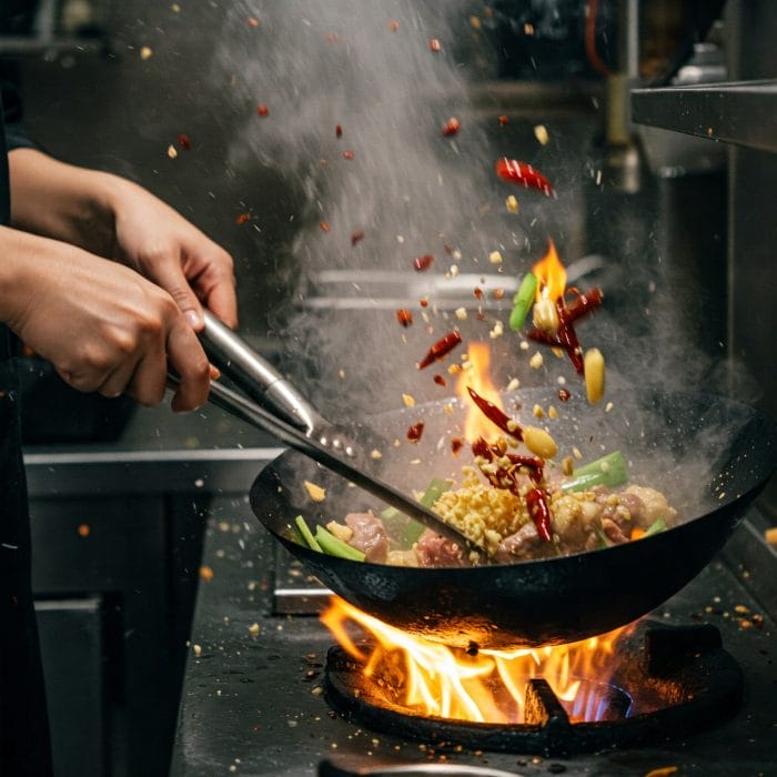 中華鍋でニンニクや唐辛子などの香辛料を炒めている様子